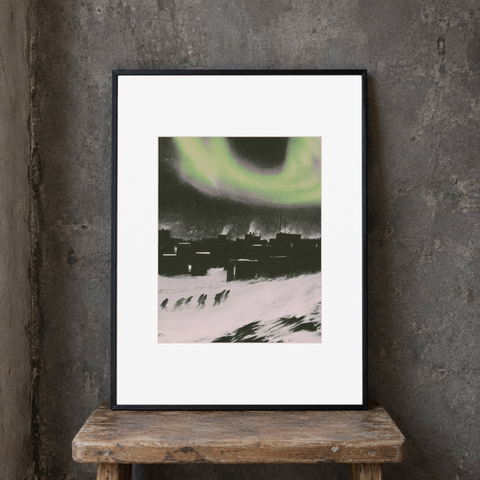 Arc Print, 30 × 40 cm paper with centered artwork and border, second framed leaning view. Frame shown for display only.