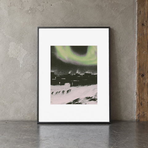 Arc Print, 30 × 40 cm paper with centered artwork and border, framed leaning view. Frame shown for display only.