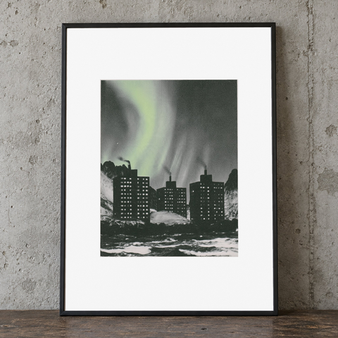 Cadence Print, 30 × 40 cm paper with centered artwork and border, framed leaning view. Frame shown for display only.
