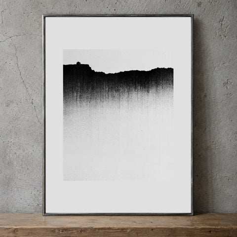 Dissolve Print, A4: 21 × 29.7 cm (8.27 × 11.69 in), close view against cracked concrete. Mockup; print sold unframed.