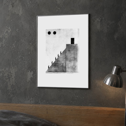 Oblique Print, 30 × 40 cm (11.81 × 15.75 in), on charcoal plaster beside a chrome lamp. Mockup; print sold unframed.