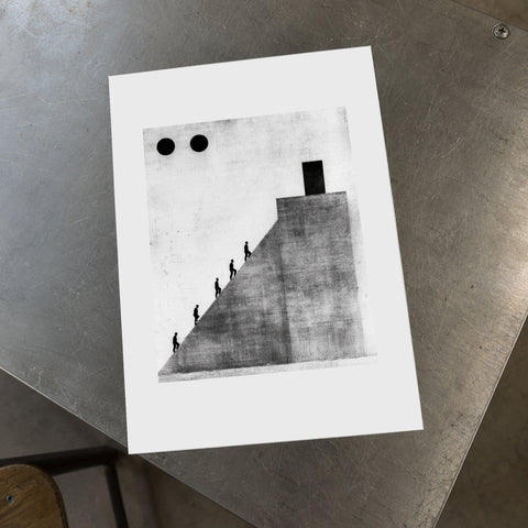 Oblique Print, A4: 21 × 29.7 cm (8.27 × 11.69 in), unframed on a stainless steel table. Mockup; print sold unframed.